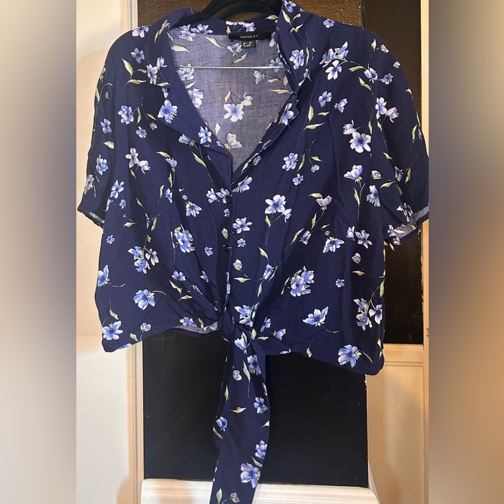 Forever 21 Dark Blue Floral Tie-Front Blouse
